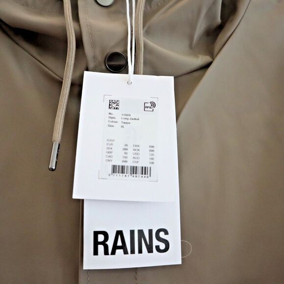 RAINS 12020 Unisex Sz XL Taupe Long Waterproof Jacket - Picture 6 of 8